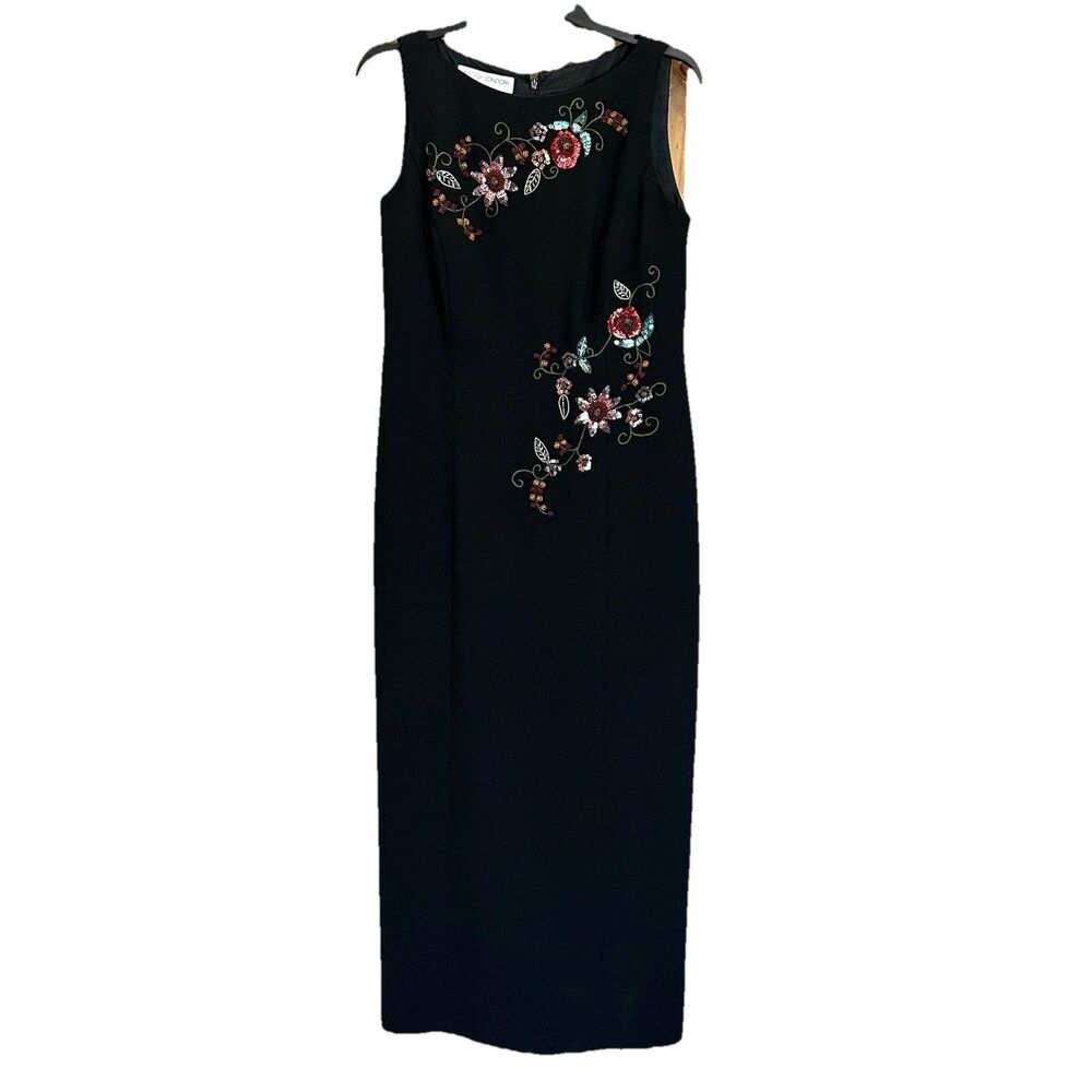 Maggy London Petites Maxi Dress 10 Sleeveless Embroidered Sequin Dark Floral Art